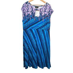 Bob Mackie‎ artsy floral jersey midi shift dress sz L pink blue